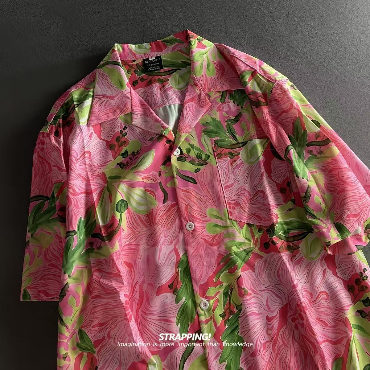 Vintage Hawaiian Floral Shirt - 핑크 낙서 꽃 쿠바 칼라 하와이