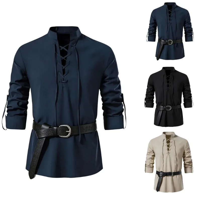 남성용 중세 바이킹 스타일 셔츠, 스탠드 칼라, 끈으로 - Medieval Gothic Lace Up Pirate Shirt 리뷰 및 가격